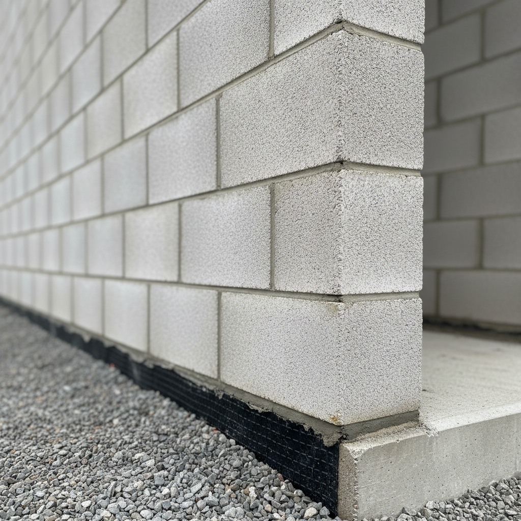 A close-up, photographic realism shot of a precise masonry detail on a newly built external wall, showcasing perfectly aligned concrete blocks with sharp, clean mortar joints and a damp-proof course visible at the base. The wall is framed by a neatly compacted hardcore sub-base and a smooth concrete foundation edge. Overcast daylight provides even, soft lighting that emphasizes the fine texture of the blockwork and the slight sheen of fresh mortar without harsh shadows. Captured from a low, side-on angle with shallow depth of field, the first few courses of blocks are in razor-sharp focus while the rest gently blur into the background, communicating meticulous workmanship and structural reliability.