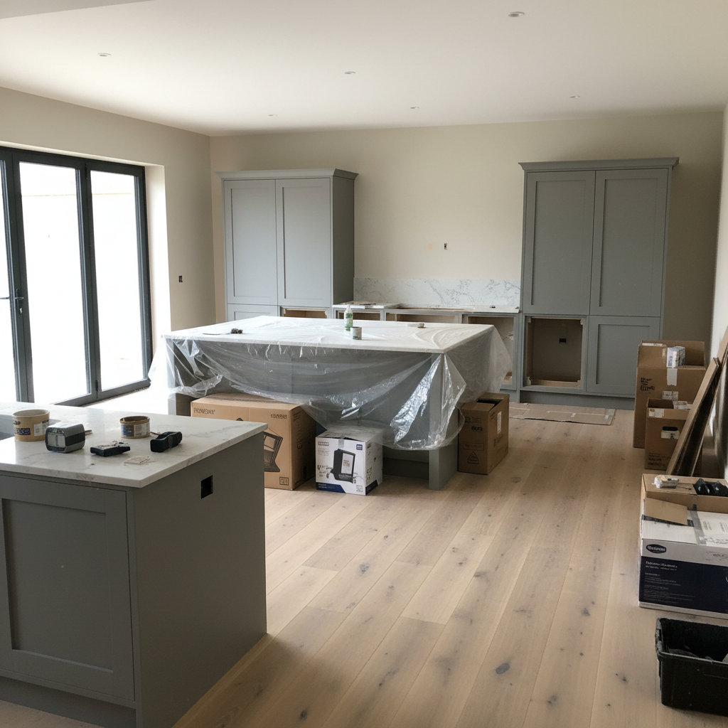 A detailed interior renovation scene of a high-end kitchen in progress, with freshly plastered walls, newly laid wide-plank oak flooring, and sleek, handleless matte grey cabinetry partially installed. A large central island with a quartz worktop sits wrapped in protective film, surrounded by neatly stacked boxes of fixtures and fittings. Natural daylight pours through oversized patio doors, producing clear, diffused illumination and subtle reflections on the quartz surface. Photographic realism, captured at eye level with a moderate depth of field so the foreground cabinetry is crisp while the background softens slightly. The mood is professional and optimistic, highlighting craftsmanship and attention to detail in a clean, uncluttered, modern renovation environment.