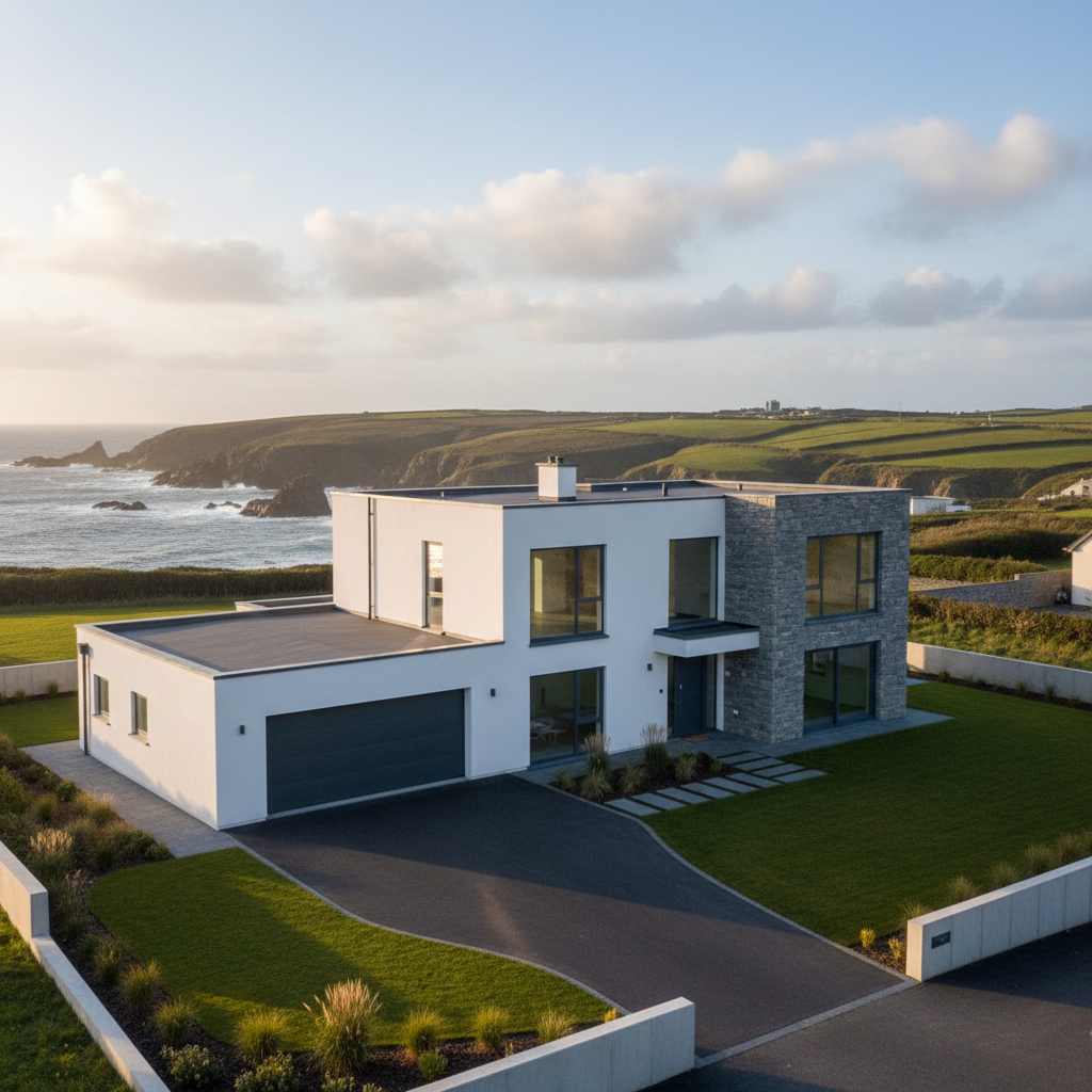 A fully finished contemporary family home built by a professional contractor, featuring crisp white render, natural stone cladding, and anthracite-framed large windows. The house sits on a meticulously landscaped site with a newly paved driveway and low, clean boundary walls, set against a distant view of the rugged West of Ireland coastline. Late afternoon natural light casts a warm, golden hue, highlighting the textures of stone and render while creating soft, elongated shadows. Photographic realism, shot from a slightly elevated corner angle to reveal both façade and side elevation, with balanced composition and clear, sharp details that communicate quality craftsmanship, durability, and modern design excellence.