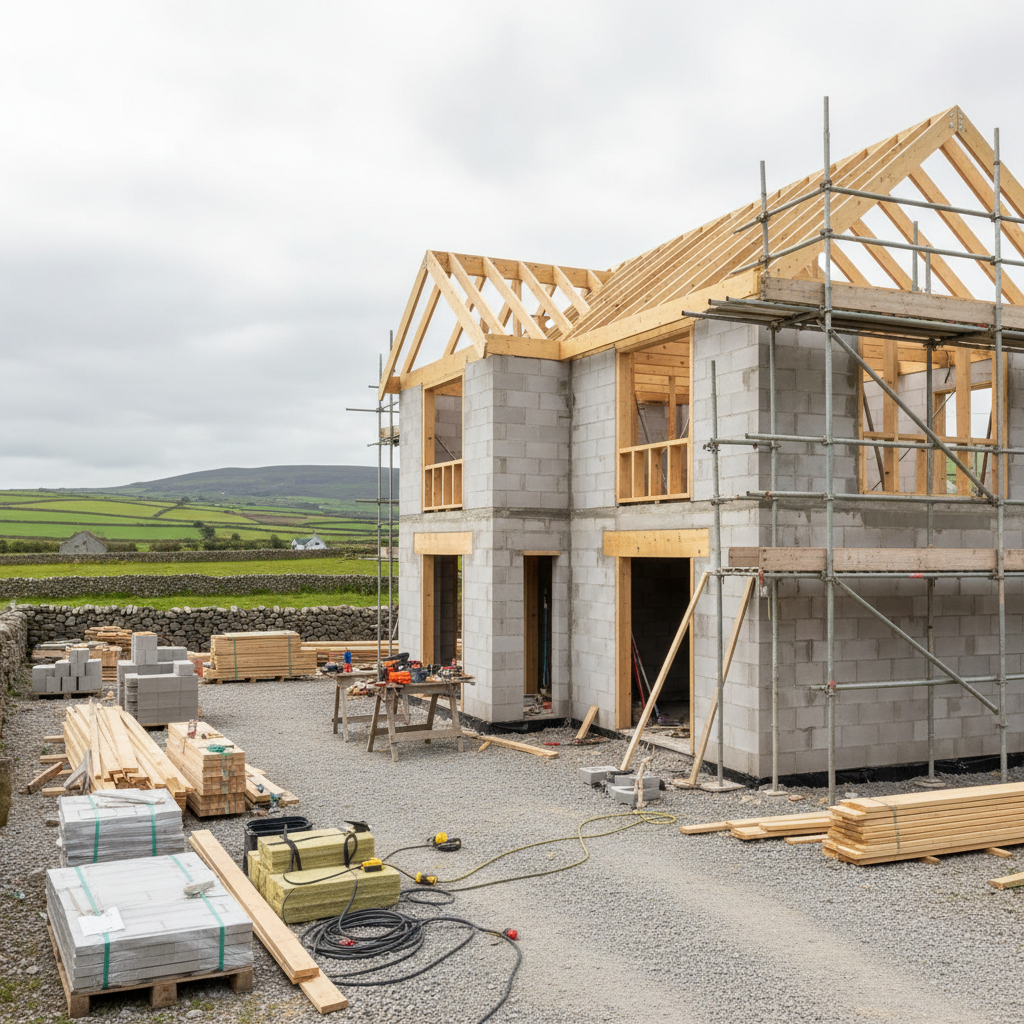 A modern construction site for a premium residential build in the West of Ireland, with a partially completed two-storey home framed in clean pale timber and fresh concrete blockwork. Stacks of neatly arranged building materials, laser-straight scaffolding, and organized tools line the gravel access path. In the background, soft rolling green hills and low stone walls hint at the rural landscape. Overcast daylight creates soft, even photographic lighting with gentle shadows, emphasizing the precision and quality of the work. Captured in photographic realism from an eye-level perspective using a wide-angle lens, with sharp focus throughout, the composition follows the rule of thirds to convey professionalism, order, and reliability in construction.
