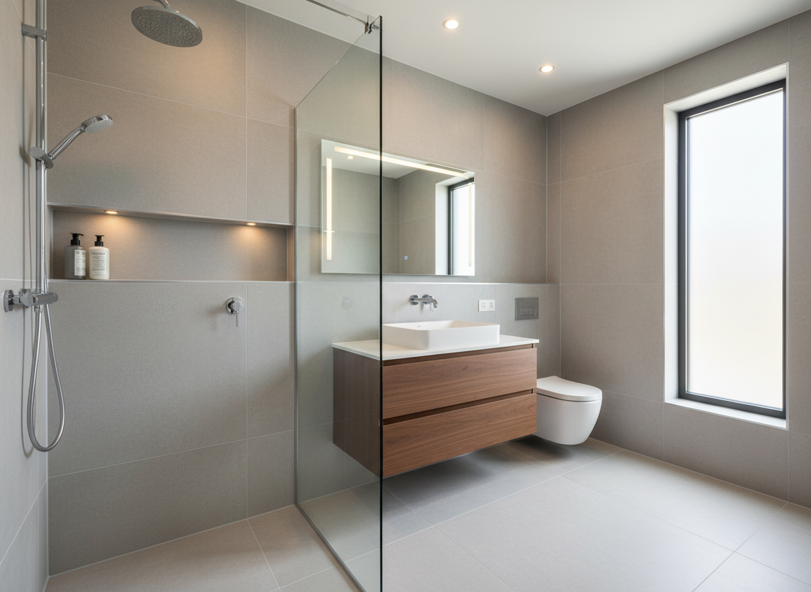 A high-spec bathroom renovation nearing completion, featuring large-format light grey porcelain tiles on floor and walls, a built-in walk-in shower with a frameless glass screen, and a wall-hung vanity unit with a white solid-surface basin. Chrome fixtures glint subtly under recessed ceiling spotlights, which combine with soft natural daylight from a frosted window to create balanced, realistic illumination. Small details like perfectly aligned grout lines, precise silicone joints, and neatly installed recessed niches are clearly visible. Photographic realism, captured from a slightly elevated corner with a wide-angle lens to showcase the full layout while keeping vertical lines straight. The atmosphere is clean, refined, and professional, highlighting quality renovation work.